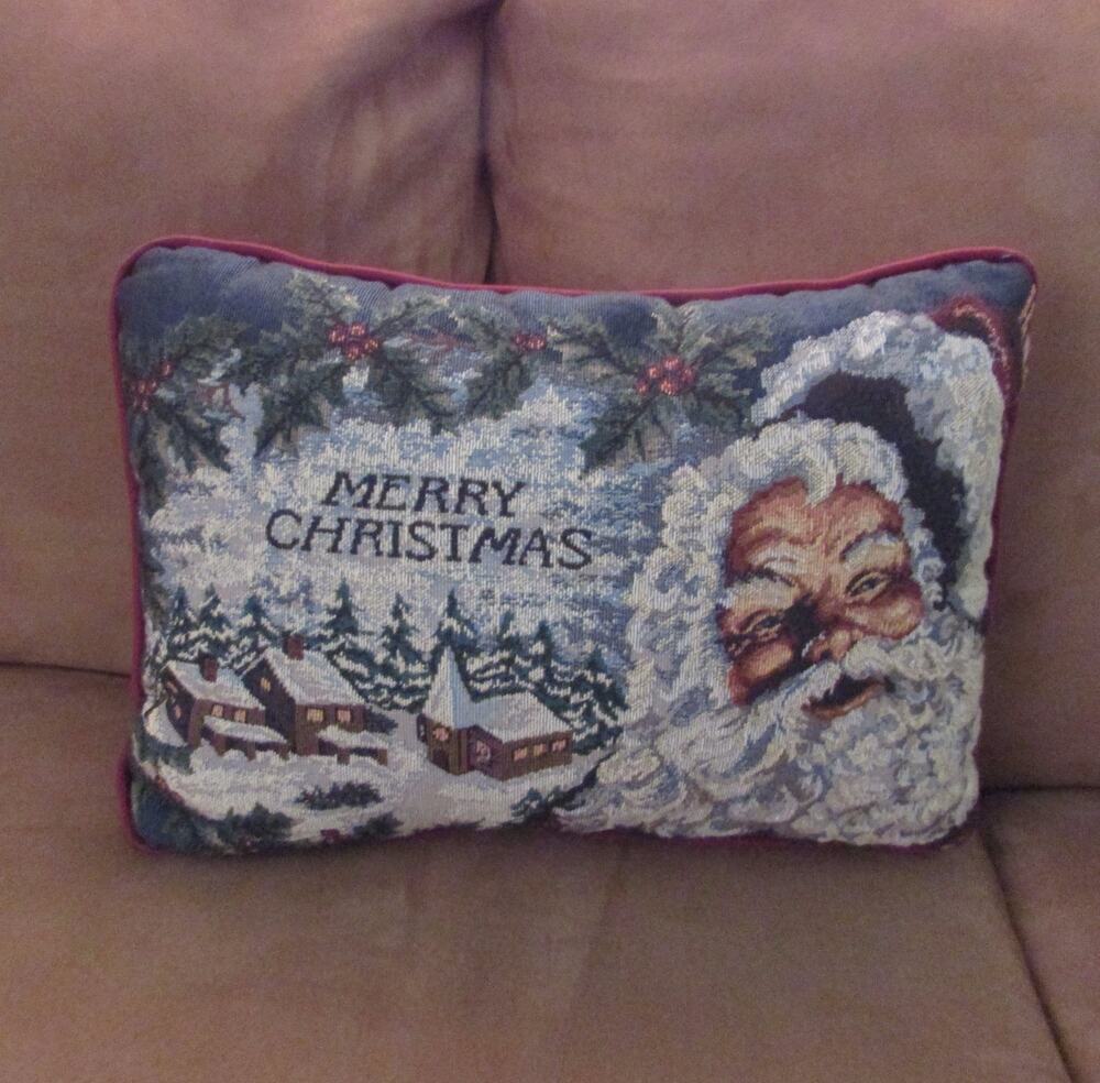 Merry Christmas Santa Claus Tapestry Throw Pillow Jolly Old Elf Snow Scene